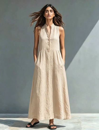 Women's Stand-Collar A-Line Maxi Dress – Resort & Vacation Style FitiqueFit