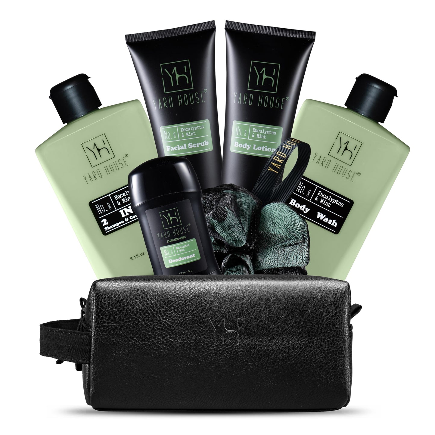 Yard House Mens Luxury Bath and Body Gift Set For Him - Skin Care Kit in Eucalyptus and Mint - Fathers Day Birthday Christmas Gifts Ideas For Men - 7Pcs Set w. Full Size Items in Leather Toiletry Bag New Era Fashion LLc