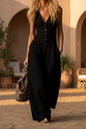 Women's Linen-Look V-Neck Jumpsuit – Textured, Sleeveless, Commuter Style FitiqueFit