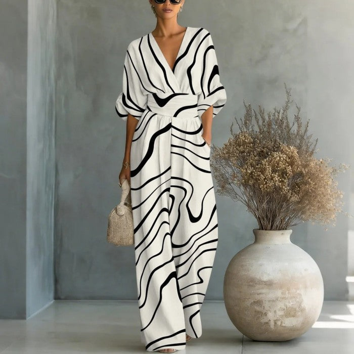 Women's Waist-Cinched V-Neck Printed Wide-Leg Jumpsuit FitiqueFit