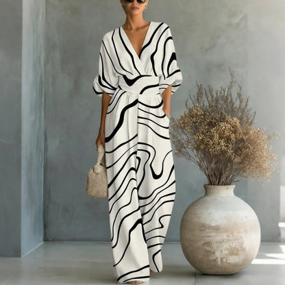 Women's Waist-Cinched V-Neck Printed Wide-Leg Jumpsuit FitiqueFit