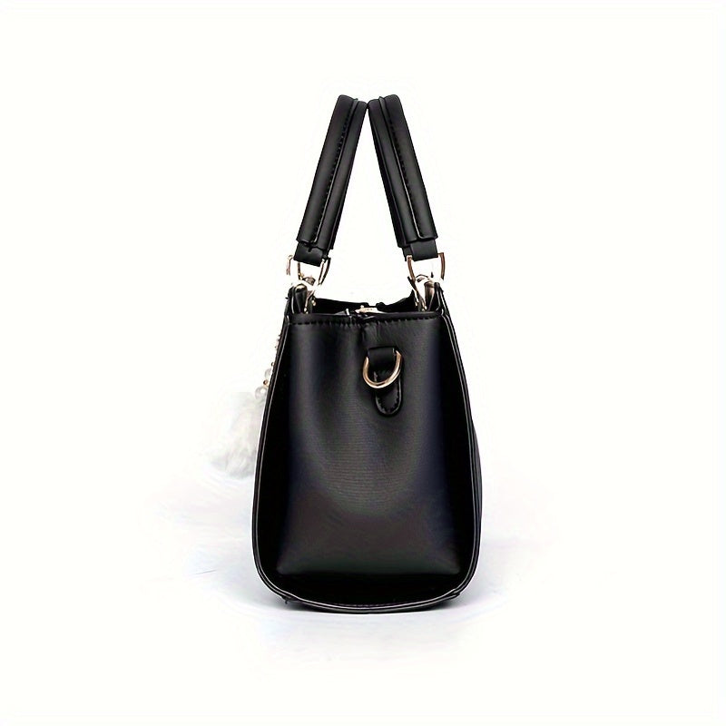 Solid Color Faux Leather Shoulder Bag - Detachable Strap, Zip Closure, Multi-Layer Crossbody Design, Polyester Lining, Fade-Resistant, Pom-Pom Pendant - The Perfect Holiday Gift for Valentine'S Day, Mother'S Day NovaCart