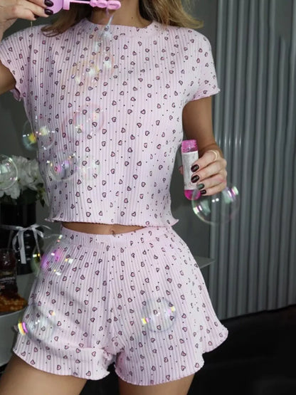 Heart Print Ribbed Knit Top and Shorts Lounge Set New Era Fashion LLc