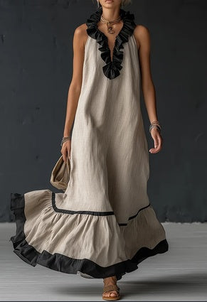 Women's Resort Linen Maxi Dress – Halter Neck Ruffle A-Line Boho FitiqueFit