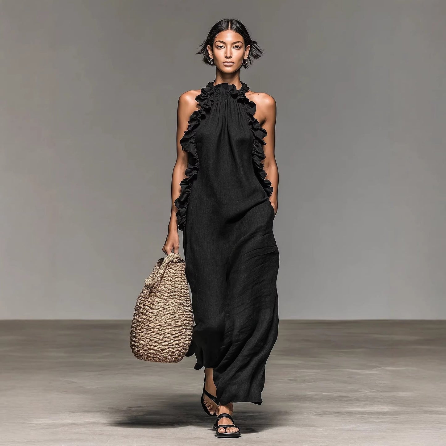 Women's Resort Ruffled Halterneck Sleeveless Open-Back Maxi Dress FitiqueFit