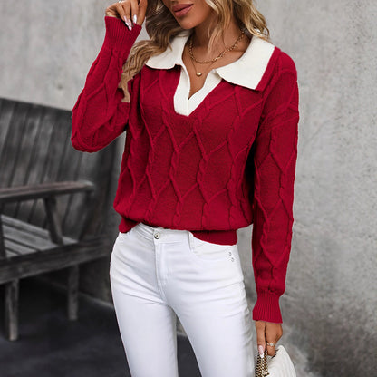 🧶 Women’s Lapel V-Neck Color-Block Long-Sleeve Pullover Sweater FitiqueFit