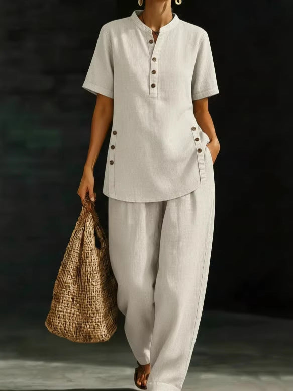 Three-Quarter Sleeve Shirt & Wide-Leg Pants Two-Piece Set – Solid Color Casual FitiqueFit