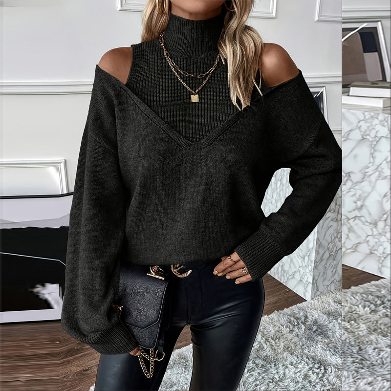 Women’s Elegant Off-Shoulder Turtleneck Sweater — Long Sleeve Knit Top FitiqueFit