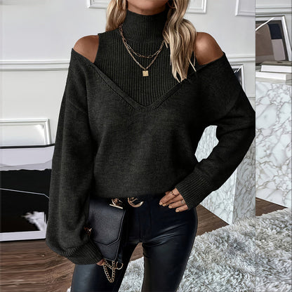 Women’s Elegant Off-Shoulder Turtleneck Sweater — Long Sleeve Knit Top FitiqueFit