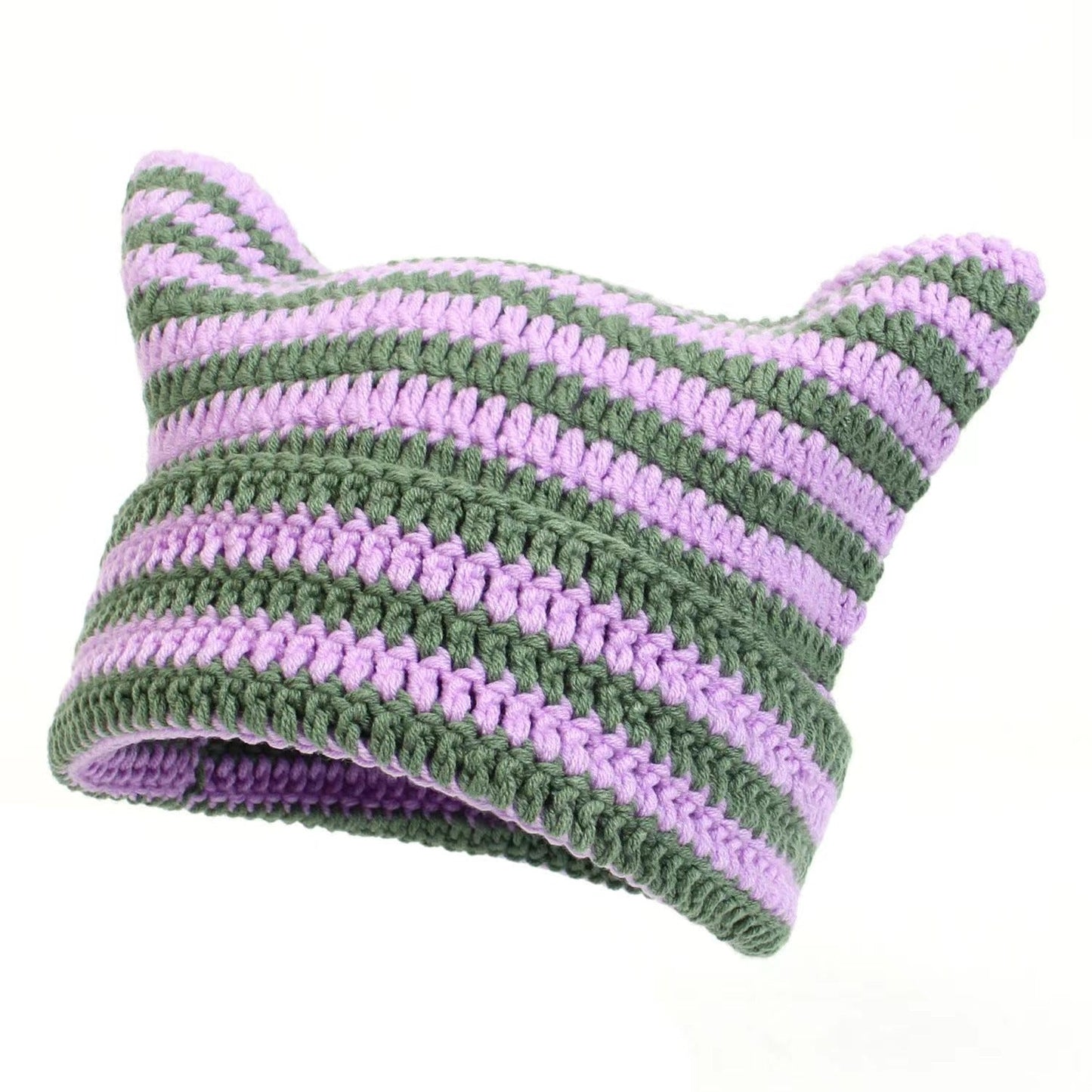 Women’s Hand Knitted Striped Cat Hat – Cute Warm Winter Beanie FitiqueFit