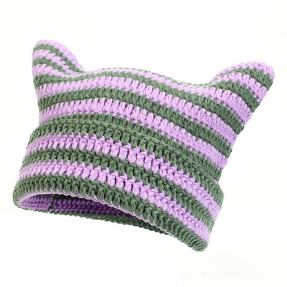 Women’s Hand Knitted Striped Cat Hat – Cute Warm Winter Beanie FitiqueFit