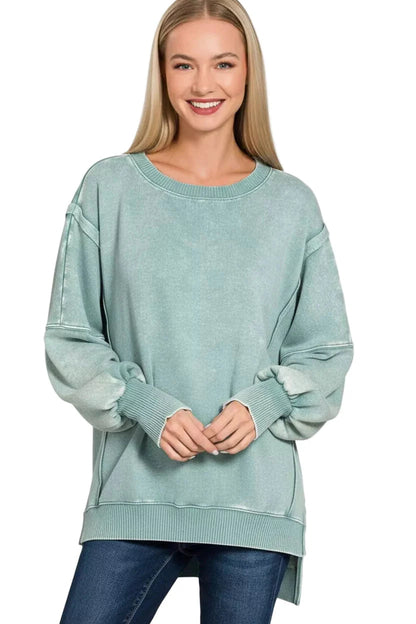 Zenana Acid Washed Batwing Sleeve Fleece Sweatshirt West2East Surf