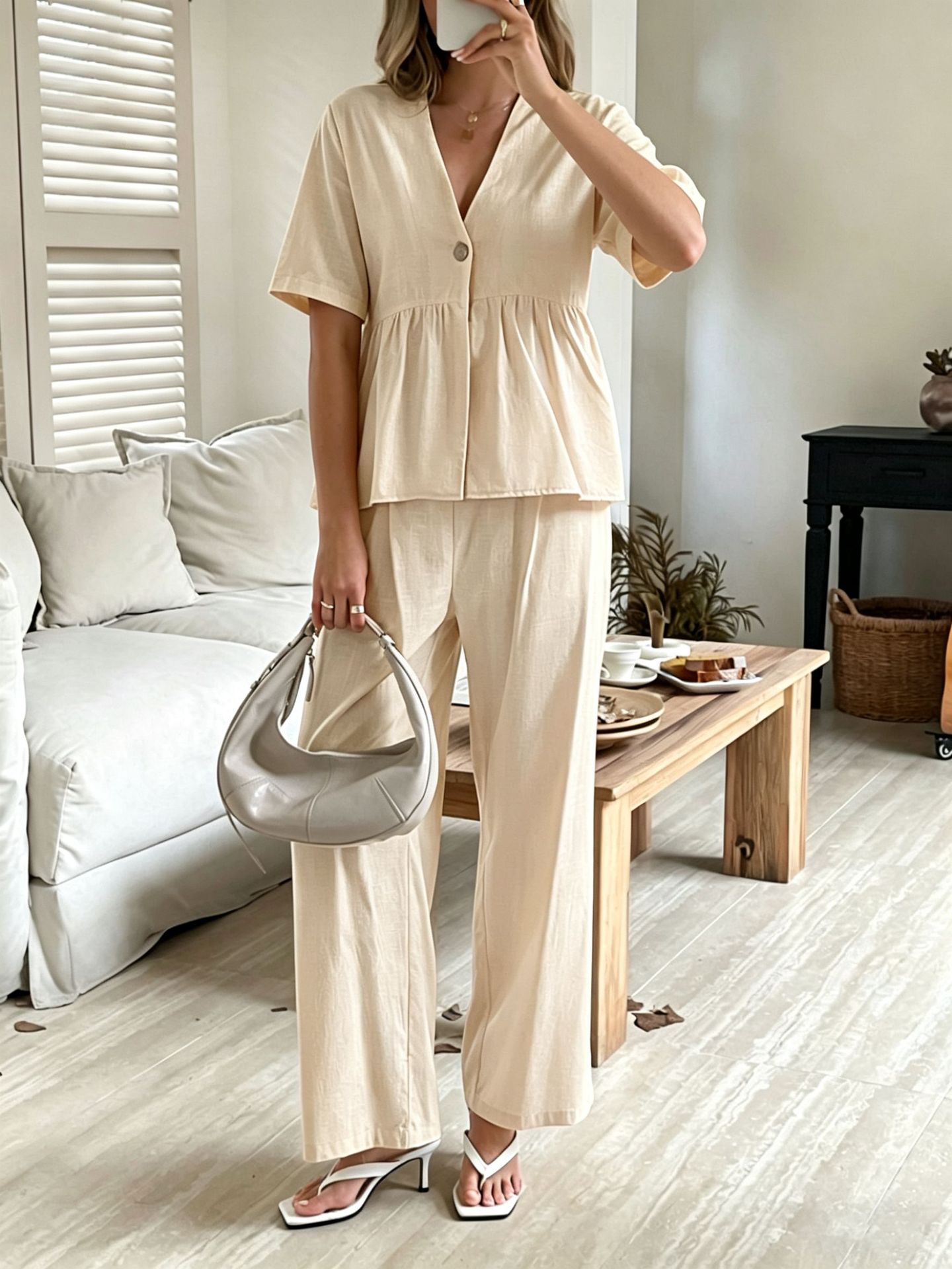 Women's V-Neck Loose Short-Sleeve Top & Wide-Leg Pants Set FitiqueFit