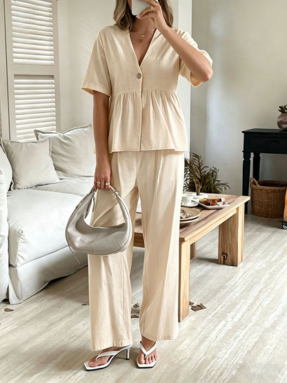 Women's V-Neck Loose Short-Sleeve Top & Wide-Leg Pants Set FitiqueFit