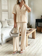 Women's V-Neck Loose Short-Sleeve Top & Wide-Leg Pants Set FitiqueFit