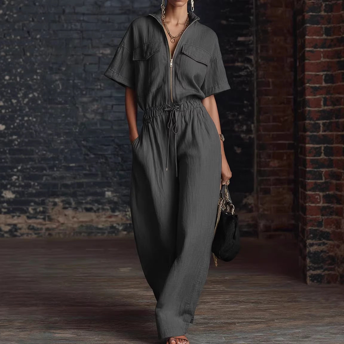 Women’s Stand Collar Sleeveless Wide-Leg Jumpsuit FitiqueFit