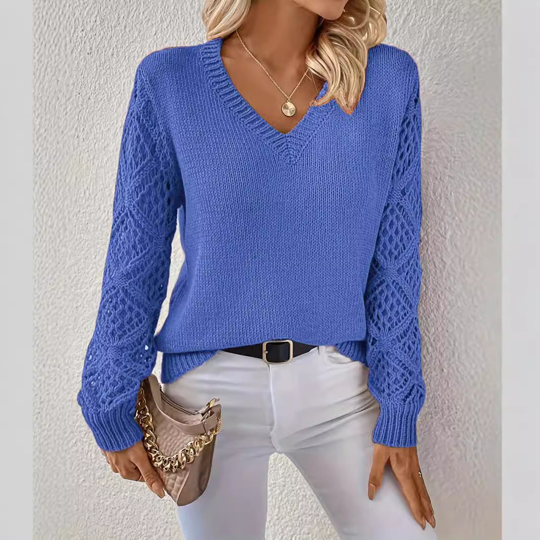 Loose Hollow Knitted Sweater Long-sleeved Pullover V-neck Top Women's Clothing Grayceful LLC