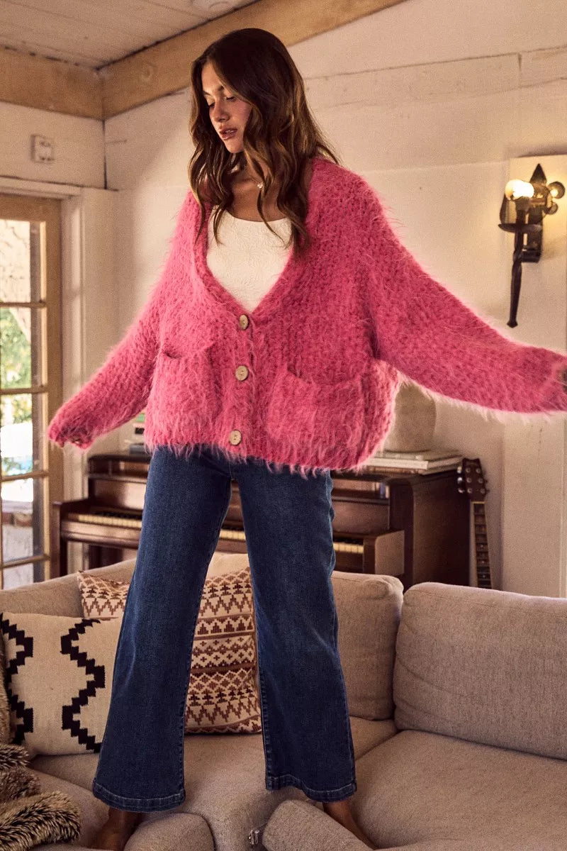 SO ME Soft Touch Hairy Loose Fit Cozy Sweater Cardigan FitiqueFit