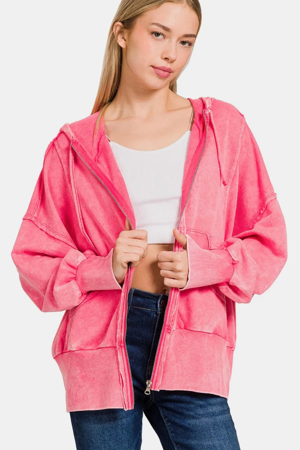 Zenana Acid Washed French Terry Zip-Up Hoodie with Pockets West2East Surf