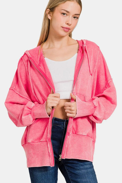 Zenana Acid Washed French Terry Zip-Up Hoodie with Pockets West2East Surf