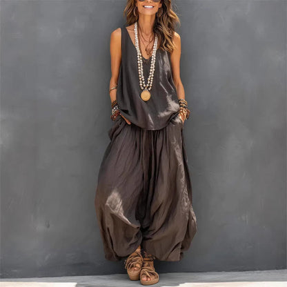 Women’s Cotton Linen Sleeveless Tank Top and Wide-Leg Pants Set FitiqueFit