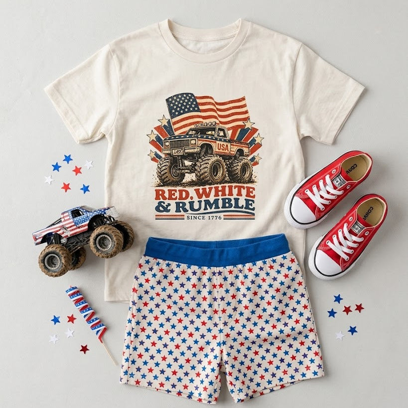 RED WHITE AND RUMBLE TEE - VINTAGE CREAM LITTLE RAD THINGS