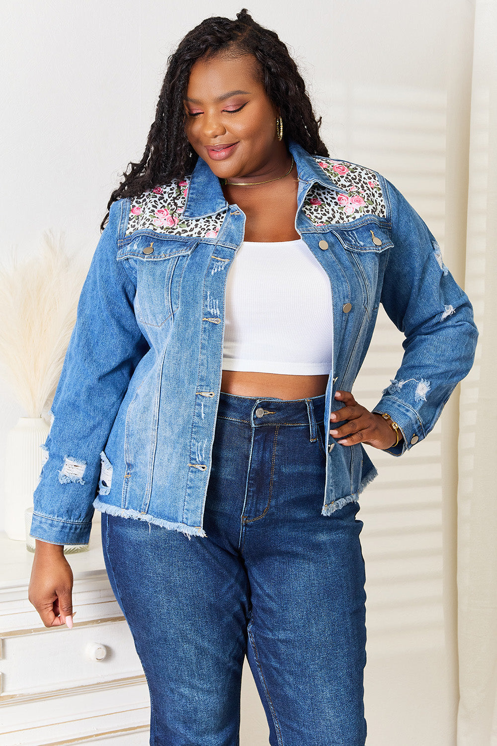 Baeful Leopard Floral Distressed Raw Hem Denim Jacket New Era Fashion LLc