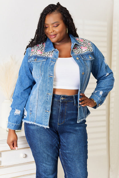 Baeful Leopard Floral Distressed Raw Hem Denim Jacket New Era Fashion LLc