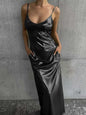 Textured Mirror-Finish U-Neck Slip Maxi Dress with Pockets FitiqueFit