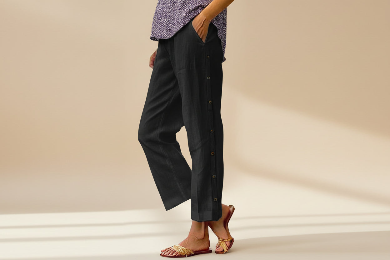 Cropped Pants With Decorative Buttons Along the Side Seams FitiqueFit
