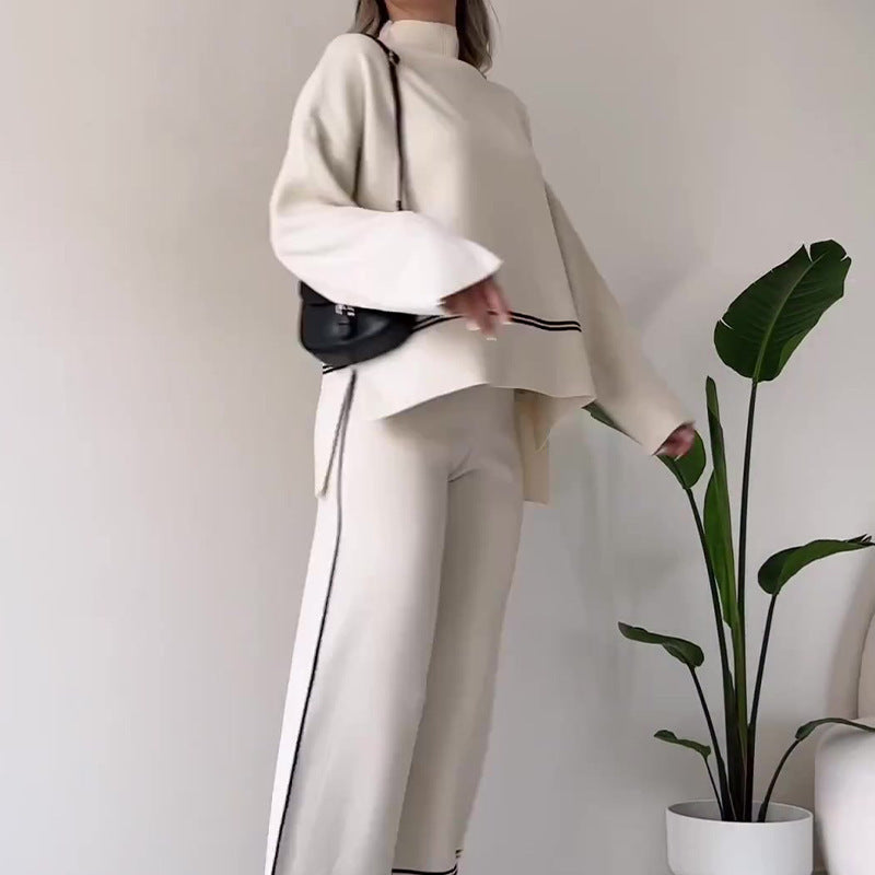 Women’s Solid Color Casual Two-Piece Set – Loose Top & Bootcut Pants Suit FitiqueFit