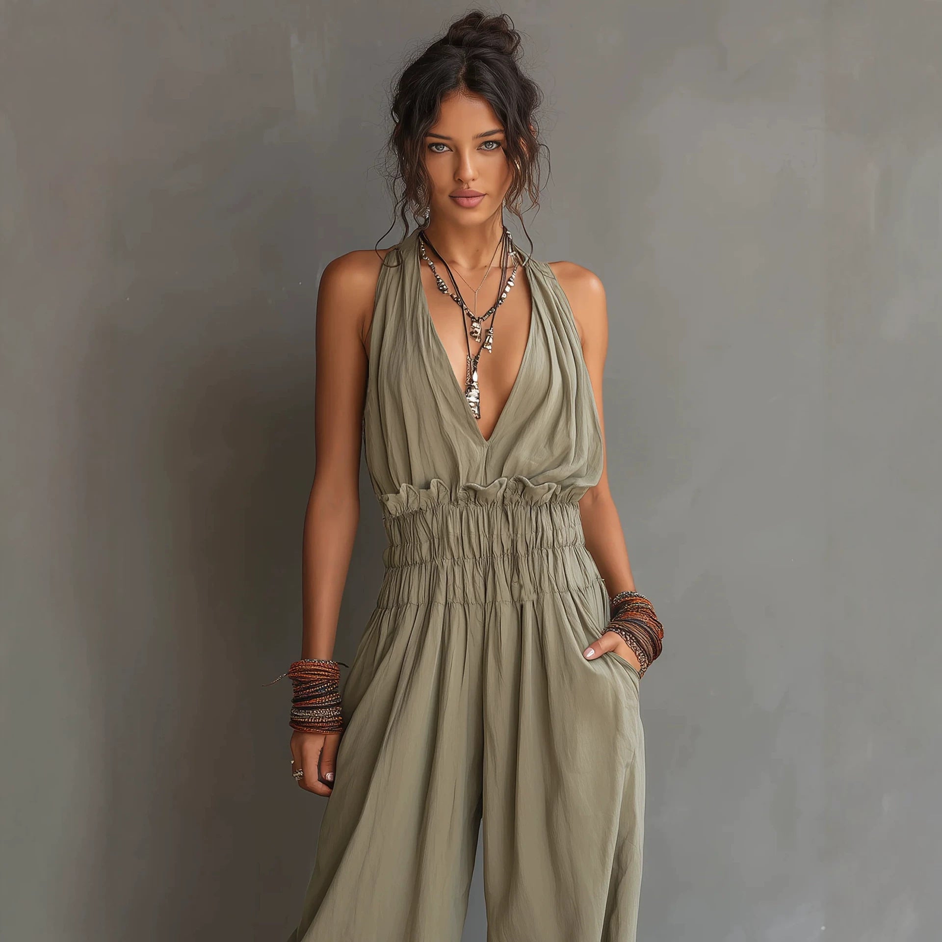 Women's V-Neck Halter Jumpsuit – Sleeveless Open Back Waist-Cinching FitiqueFit