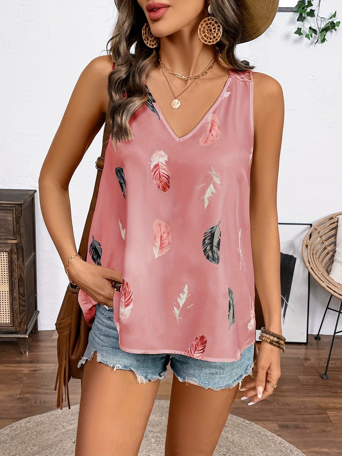 Women’s Feather Print V-Neck Camisole FitiqueFit