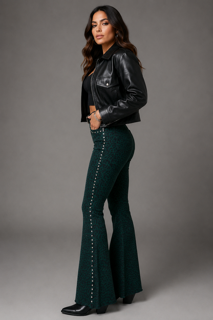Studded Bell Bottom Jean in Leopard Green GJG DENIM