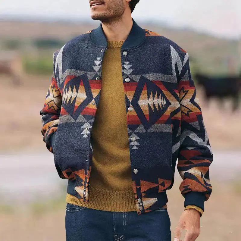 Geometric Pattern Stand Collar Cardigan Jacket