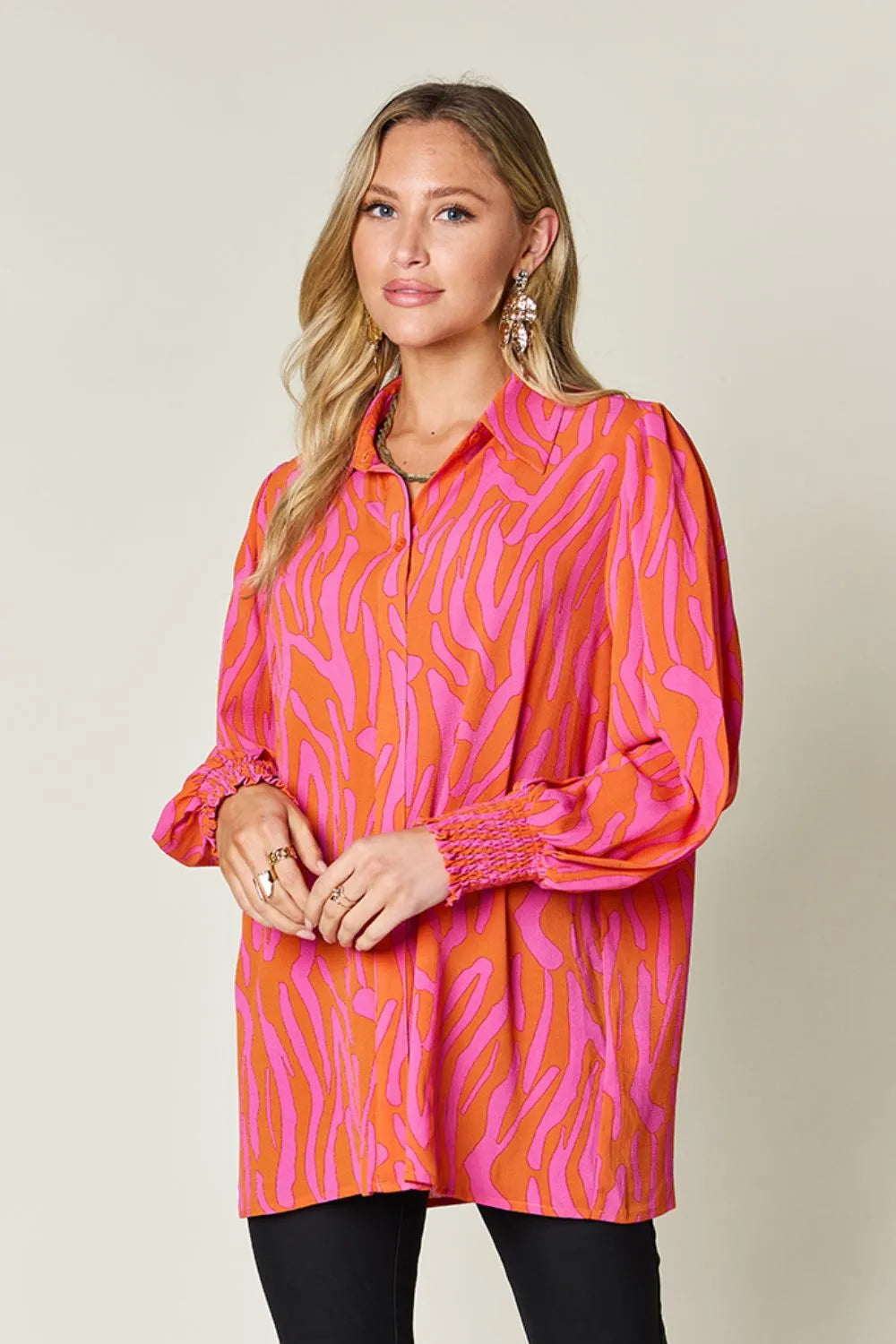 Double Take Full Size Printed Smocked Long Sleeve Blouse Plus Size New Era Fashion LLc
