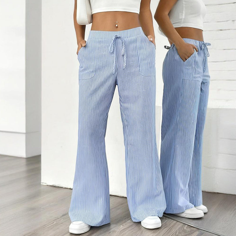 Women's Striped Print Straight Wide Leg Pockets Pants Casual Long Pants FitiqueFit
