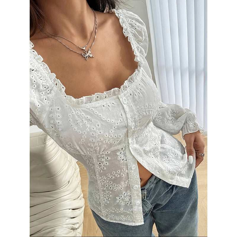 Women’s Square Neck Eyelet Lace Blouse – Puff Sleeve Hollow-Out Button Top FitiqueFit