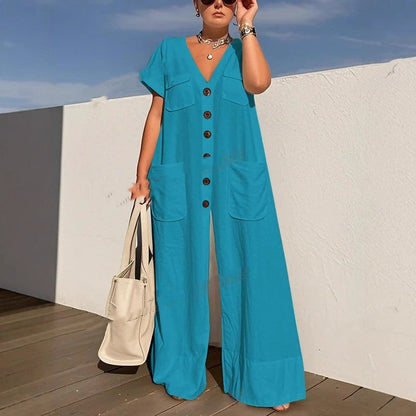 Single-breasted Pocket Elegant Solid Color Jumpsuit Grayceful LLC