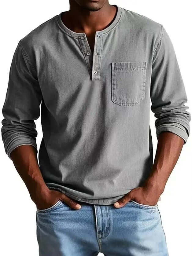 Men's V-neck Long-sleeved Pullover Top with Button Design SnagBag