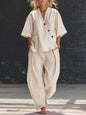 V-Neck Short Sleeve Top & High-Waist Trousers Two-Piece Set FitiqueFit