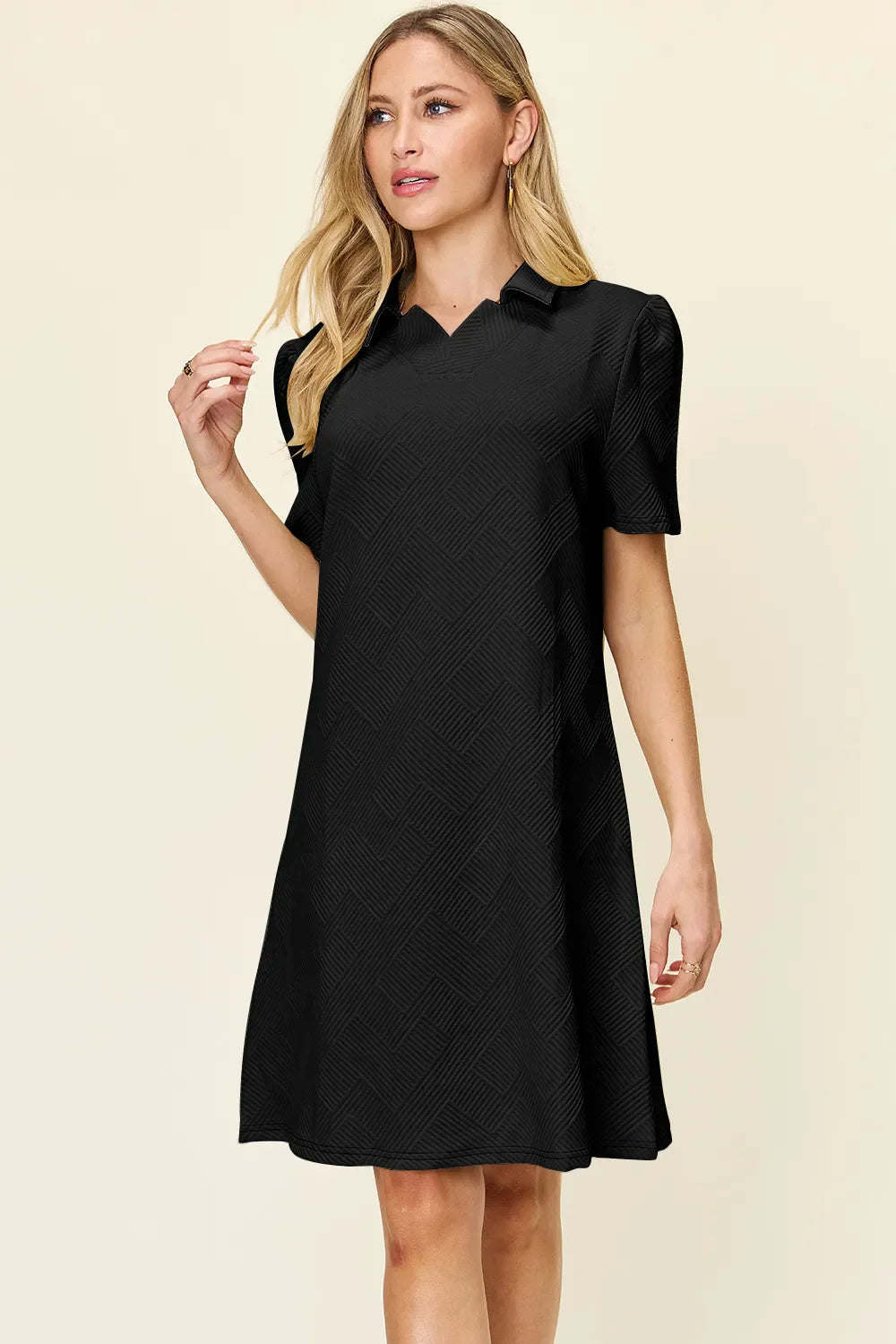 Double Take Full Size Texture Collared Neck Short Sleeve Dress West2East Surf