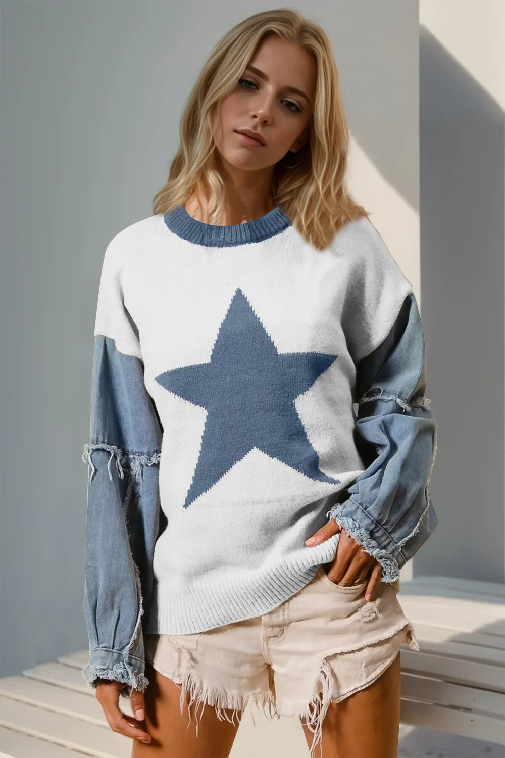 Double Take Star-Pattern Raw-Edge Long Sleeve Sweater FitiqueFit