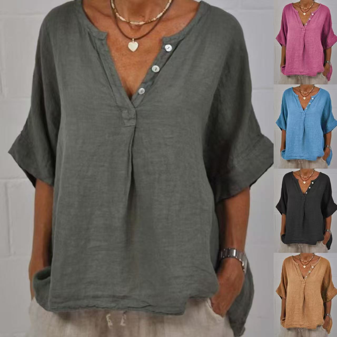 Women's Cotton Linen V-Neck Button-Up Shirt FitiqueFit