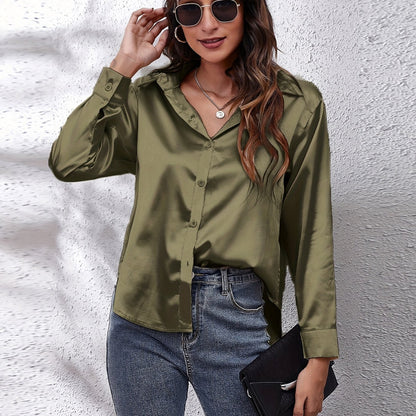 Hot Style In-Kind Shooting Satin Shirt Women'S Satin Imitation Long-Sleeved Shirt New European And American Cross-Border Women'S Clothing NovaCart
