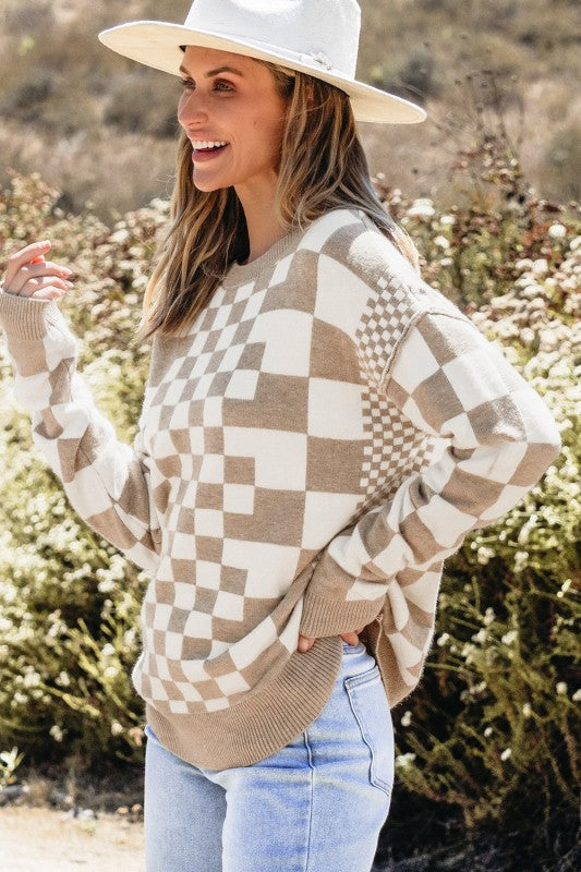 Checker Round Neck Drop Shoulder Sweater Shop Style & More | Fresh Looks, Everyday Deals & Free Shipping