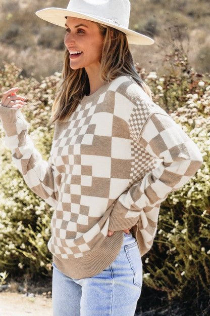 Checker Round Neck Drop Shoulder Sweater Shop Style & More | Fresh Looks, Everyday Deals & Free Shipping