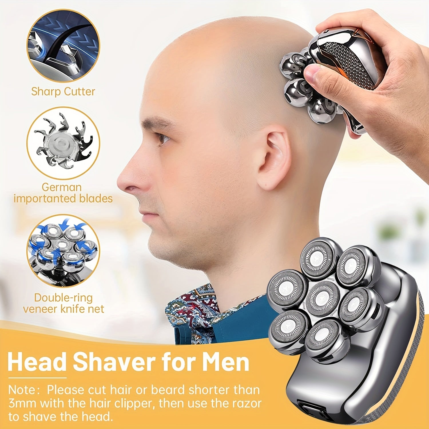 Men's Electronic Head Shaver Razor - Rechargeable Cordless Hair Shaving Razors For Bald Man 6 In 1 Wet Dry Beard Trimmer Body Hair Cutting Clipper Grooming Kit 7 Rotary Heads NovaCart