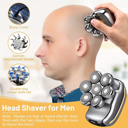 Men's Electronic Head Shaver Razor - Rechargeable Cordless Hair Shaving Razors For Bald Man 6 In 1 Wet Dry Beard Trimmer Body Hair Cutting Clipper Grooming Kit 7 Rotary Heads NovaCart