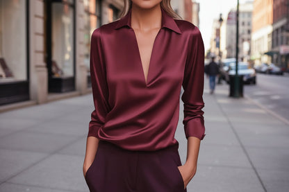 Elegant Women's V-Neck Long Sleeve Blouse With Satin Sheen Formal Shirt FitiqueFit